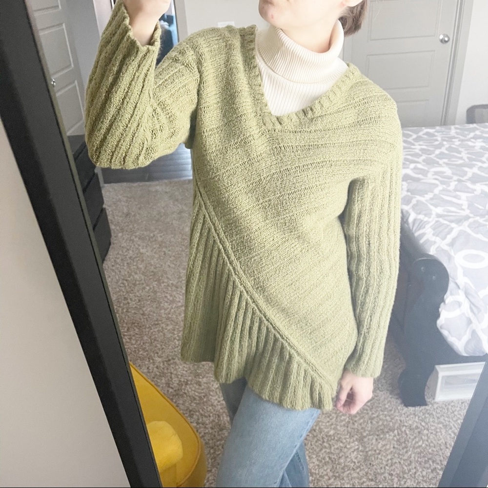 Flax Sweater Olive Green V-Neck Tunic Asymmetrical